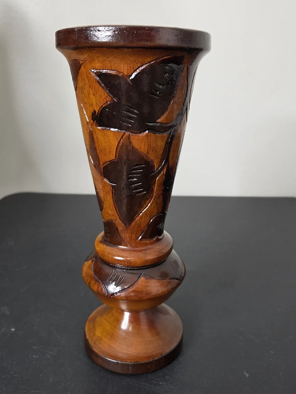 Hand-Carved Wooden Pedestal Vase - Fruit? With Leaves 11